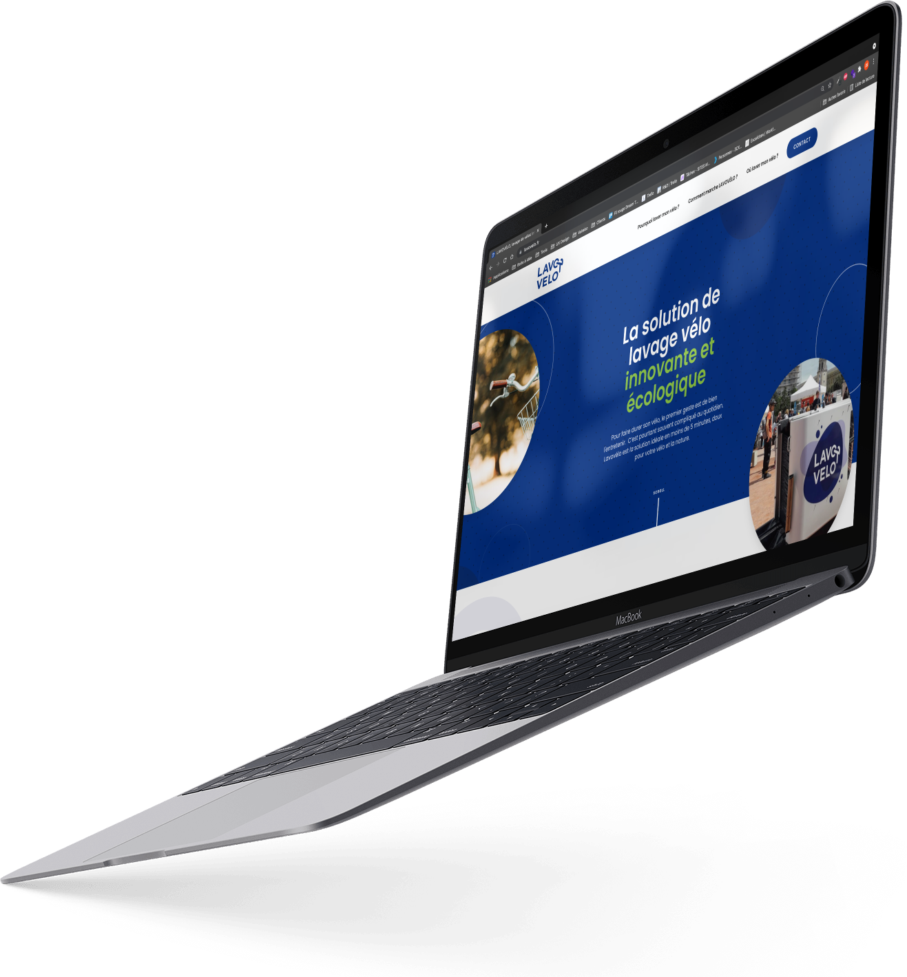 Mockup de la page d'accueil du site Lavovélo sur ordinateur vue de côté