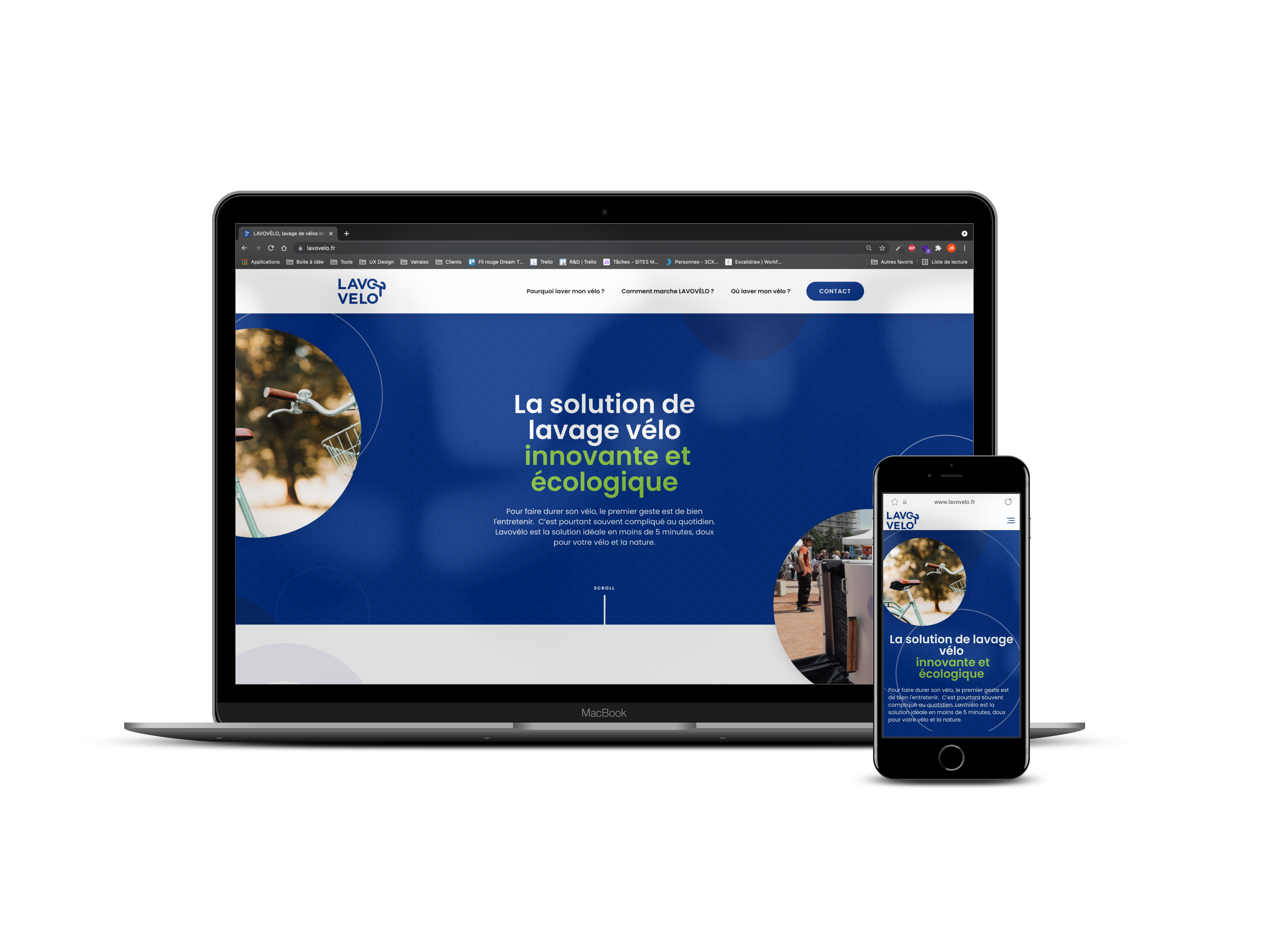 Mockup de la page d'accueil du site Lavovélo sur ordinateur et mobile